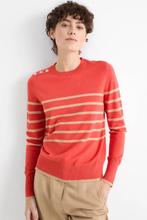 Te koop: Fijn gebreide oranje/beige pull met strepen, Enlèvement ou Envoi, Comme neuf, Taille 42/44 (L), Orange