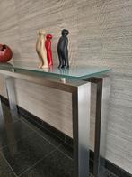 Wandtafel in inox met gelaagd mat glas., Huis en Inrichting, Tafels | Sidetables, Ophalen, Gebruikt, Glas, 150 tot 200 cm