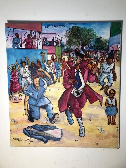 HST - Les Sapeurs - Bosoku Ekunde (1953-), Congo Kin, Antiquités & Art, Art | Peinture | Moderne, Enlèvement ou Envoi