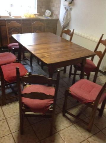Table de cuisine ajustable + 8 chaises en chêne massif, Enlèvement, Chêne