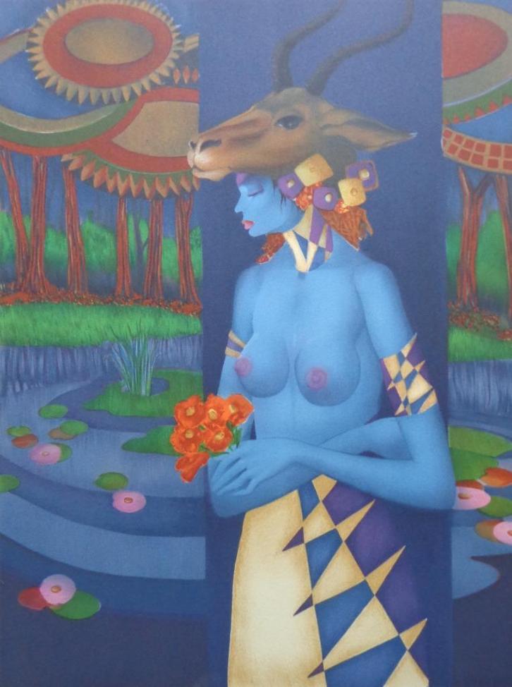 JEF VAN TUERENHOUT / BLAUWE KONINGIN / ZEEFDRUK / 57x47cm, Antiek en Kunst, Kunst | Litho's en Zeefdrukken, Ophalen of Verzenden