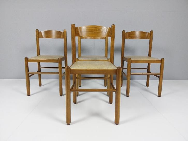 4 x Vintage Houten Stoelen met Beige Bekleding, Jaren 60/70, Huis en Inrichting, Stoelen, Gebruikt, Vier, Hout, Overige materialen