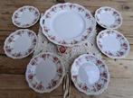 Vintage taartschaal + 6 gebaksbordjes, roze bloemetjes, Huis en Inrichting, Gebruikt, Ophalen of Verzenden, Bord(en), Overige stijlen