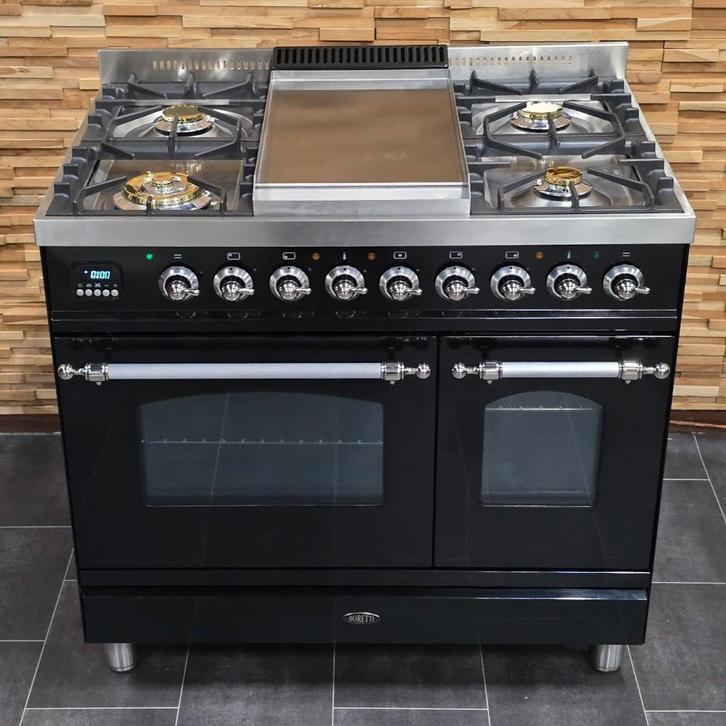 🔥Luxe Fornuis Boretti 90 cm hoogglans zwart rvs 2 ovens, Elektronische apparatuur, Fornuizen, Zo goed als nieuw, Vrijstaand, Gas