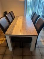 Prachtig eettafel met 6 donkere bruine lederen stoelen, Zo goed als nieuw, Vijf personen of meer, 150 tot 200 cm, Rechthoekig