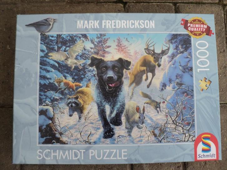 Schmidt puzzel : --zwarte Labrador in de sneeuw, Hobby en Vrije tijd, Denksport en Puzzels, Zo goed als nieuw, Legpuzzel, 500 t/m 1500 stukjes