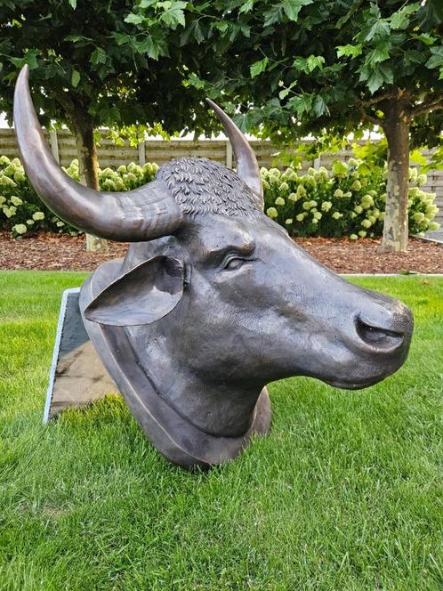 PRACHTIGE LEVENSGROTE ZWARE BRONZEN STIERENKOP >>> BRONS<<<, Tuin en Terras, Tuinbeelden, Nieuw, Dierenbeeld, Ophalen of Verzenden