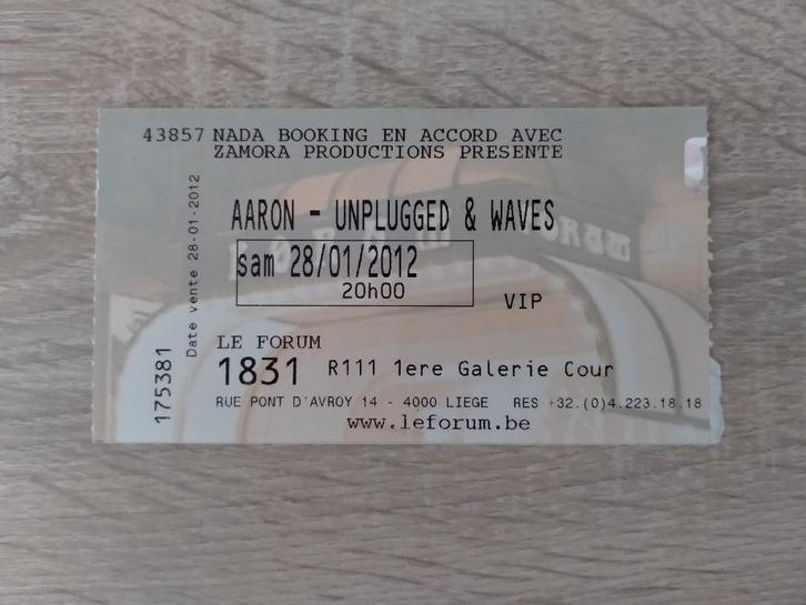 Concertticket Aaron Unplugged & Waves Forum Liège 28/1/2012, Verzamelen, Muziek, Artiesten en Beroemdheden, Gebruikt, Overige typen