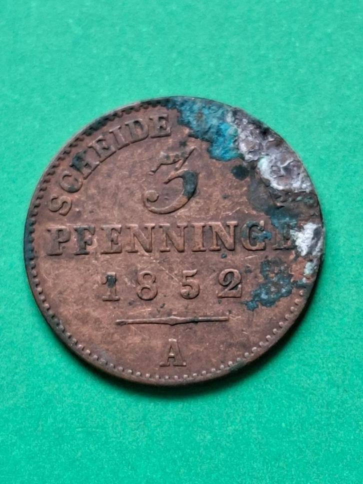 1852 A Duitsland 3 pfennig Friedrich Wilhelm IV Berlijn, Postzegels en Munten, Munten | Europa | Niet-Euromunten, Losse munt, Duitsland