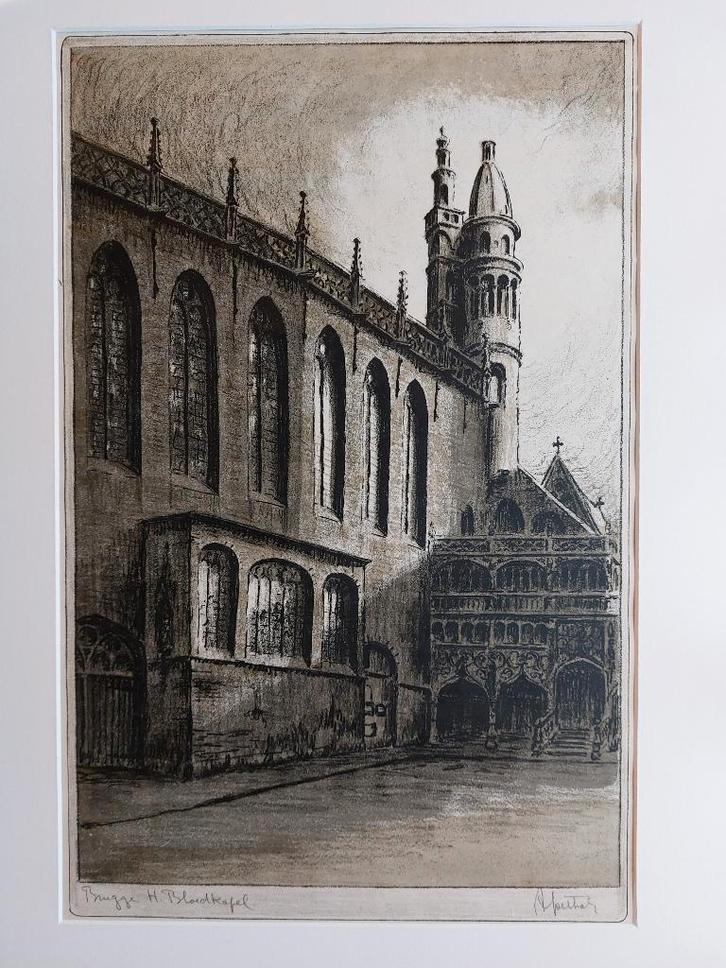 Ets van de Basiliek Heilig Bloed in Brugge, A. Goethals, Antiek en Kunst, Kunst | Etsen en Gravures, Ophalen