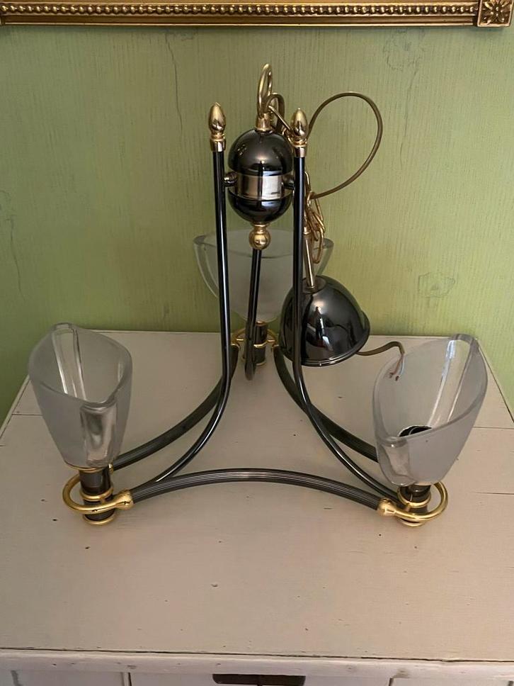 Mooie metalen hanglamp 3 lampen goud groen, Huis en Inrichting, Lampen | Kroonluchters, Gebruikt, Metaal, Ophalen