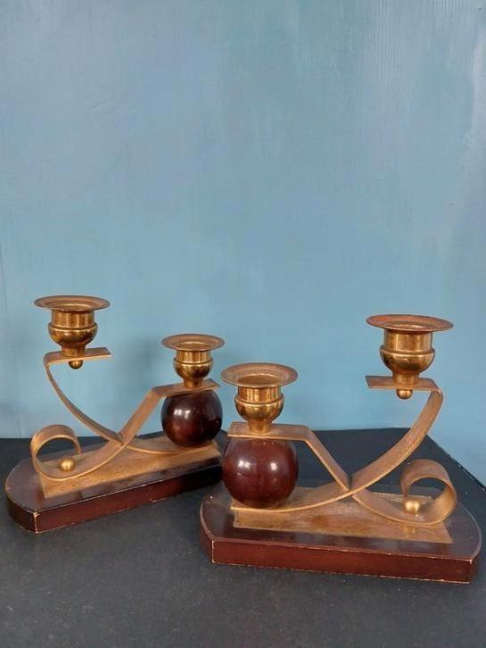 art deco 2 kandelaar hout en messing, Antiek en Kunst, Antiek | Kandelaars, Ophalen of Verzenden