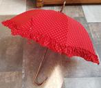 Engelse vintage katoenen rode parasol met roezels, ERDO, Antiquités & Art, Enlèvement ou Envoi