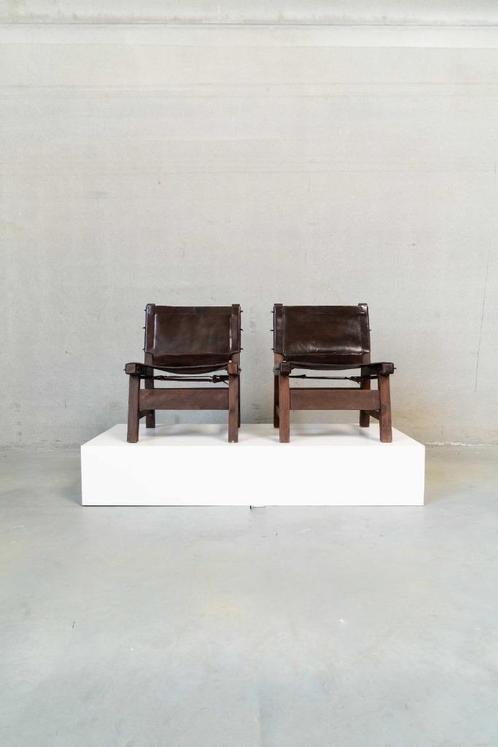Set van 2 lounge chairs in prachtig gepatineerd leder, Huis en Inrichting, Fauteuils, Gebruikt, Hout, Leer, 50 tot 75 cm, Minder dan 75 cm