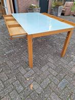 Kersen houten eettafel met melkglas en 2 verborgen lades, Ophalen of Verzenden, Zo goed als nieuw