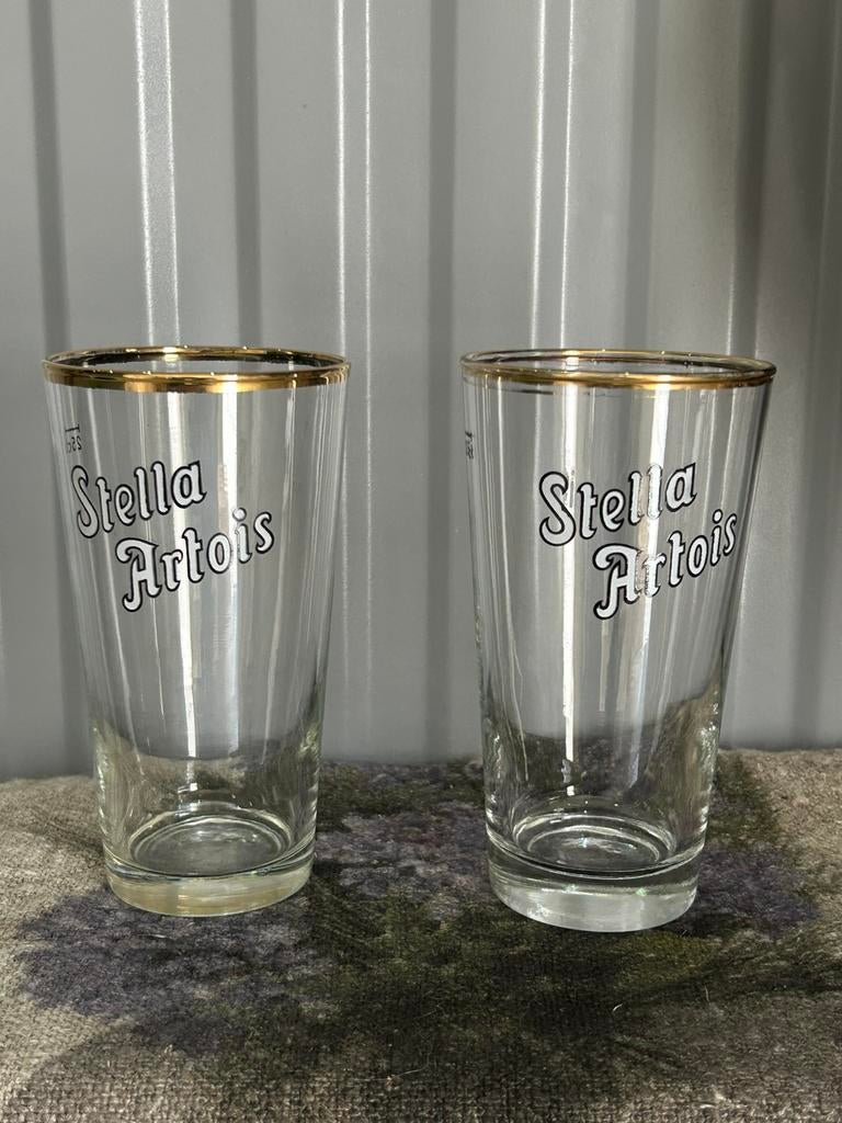 Oude stella glazen 25cl met emaille opschrift, Enlèvement, Utilisé