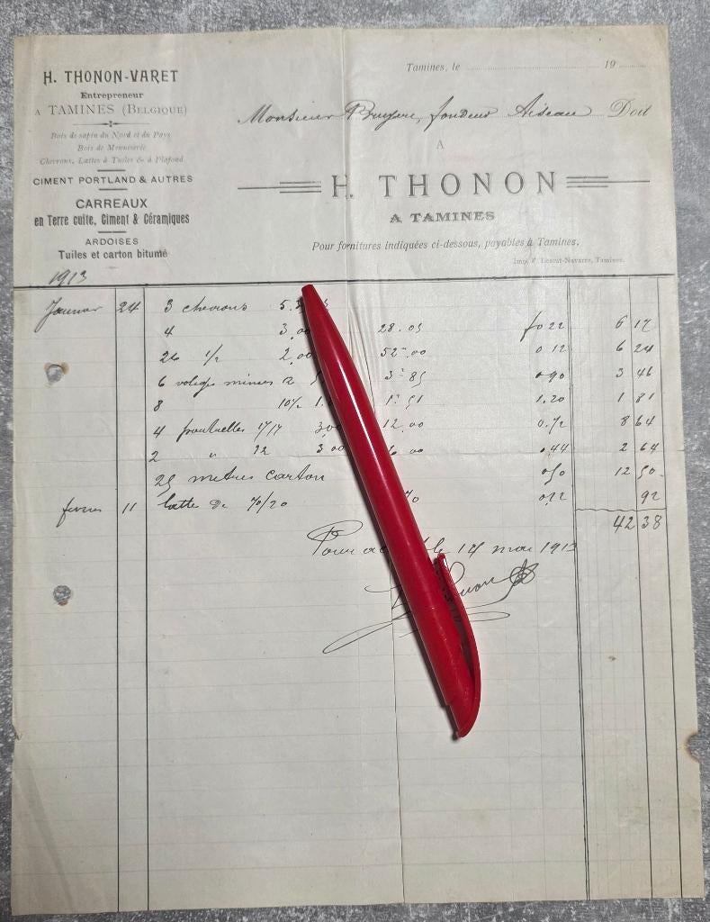 Tamines+Aiseau+1913+Thonon+ancienne facture, Enlèvement, Avant 1920, Non affranchie, Namur