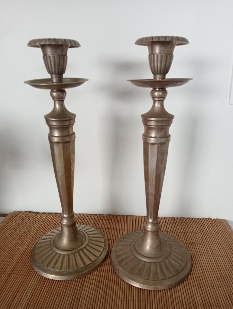 2 messing/verzilverde kandelaars, Ophalen of Verzenden, Overige materialen