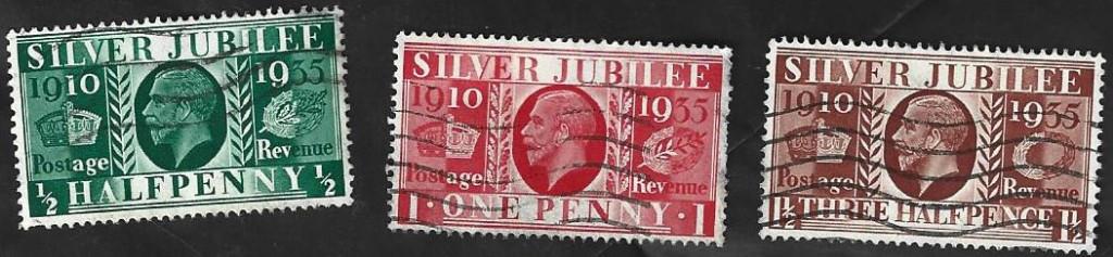 3 Postzegels Groot-Brittannië 1935Zilveren Jubileum GeorgeV, Ophalen of Verzenden, Gestempeld