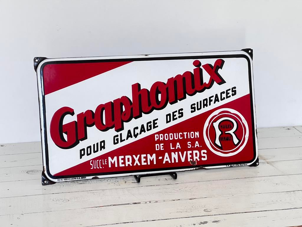 Graphomix emaille plaat Huiles Renault Merxem Anvers, Antiek en Kunst, Antiek | Email, Ophalen of Verzenden