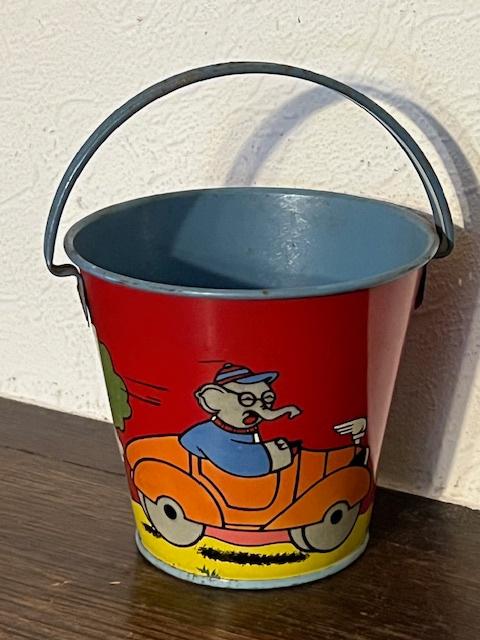 Vintage blikken speelgoed emmertje dieren op bromfiets, auto, Ophalen