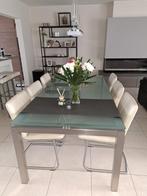 Inox/glazen eettafel met 6 stoelen, Huis en Inrichting, Ophalen, 50 tot 100 cm, Zo goed als nieuw, Vijf personen of meer