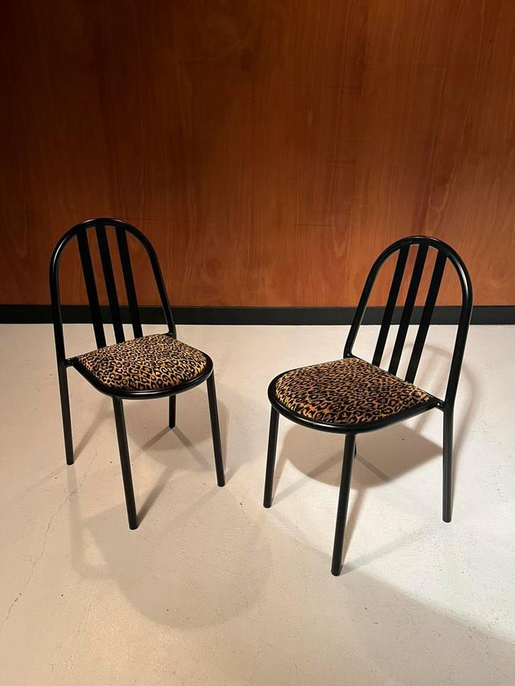 Paire de chaises vintage Mallet Stevens / velours léopard, Maison & Meubles, Chaises, Comme neuf, Bois, Noir, Enlèvement
