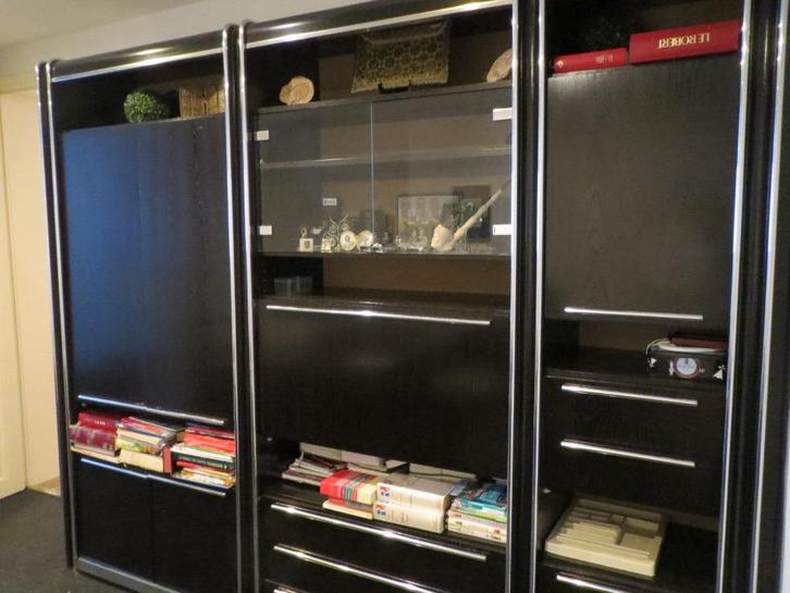 Meuble mural modulable en bois foncé (avec rangements & bar), Maison & Meubles, Armoires | Bibliothèques, Utilisé, 200 cm ou plus