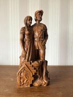 Handgesneden houten beeld Tijl Uilenspiegel & Nele – vintage, Ophalen