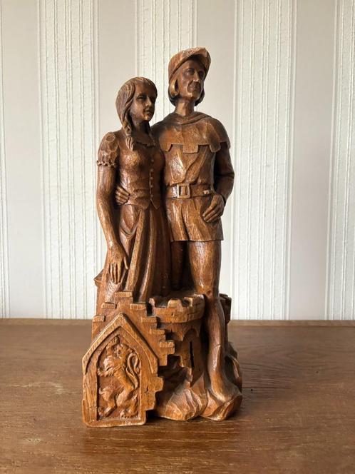 Handgesneden houten beeld Tijl Uilenspiegel & Nele – vintage, Antiek en Kunst, Kunst | Beelden en Houtsnijwerken, Ophalen