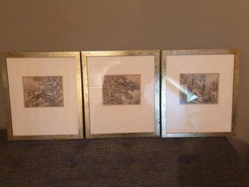 Set van 3 burijngravures uit Aesopus Fabels  Francis Barlow beschikbaar voor biedingen