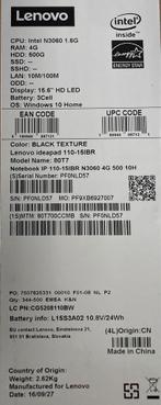 LENOVO IDEAPAD 110 - 15IBR - 80T700CCMB, Intel, 15 inch, Met videokaart, Azerty