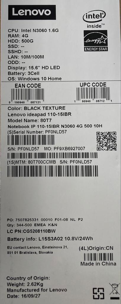 LENOVO IDEAPAD 110 - 15IBR - 80T700CCMB, Informatique & Logiciels, Ordinateurs portables Windows, Comme neuf, 15 pouces, HDD, Moins de 2 Ghz
