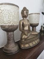Boeddhaset met kandelaars verzilverd brons, Antiek en Kunst, Antiek | Brons en Koper, Brons, Ophalen
