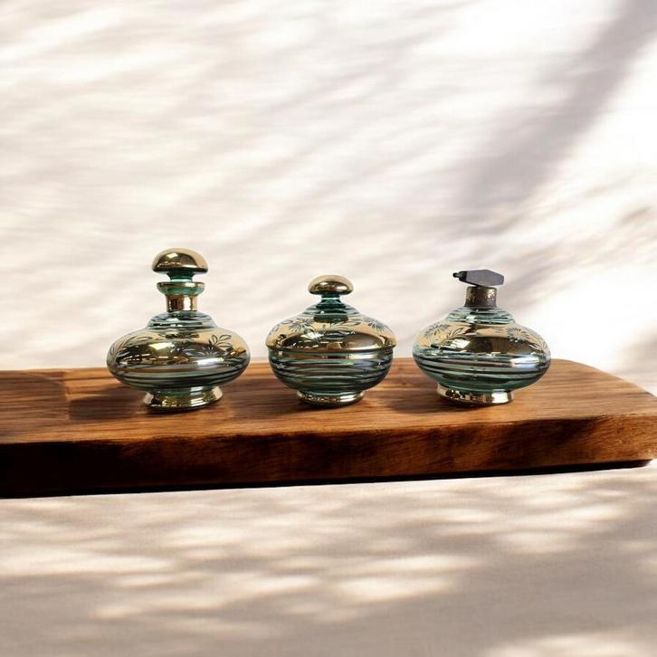 Set van 3 vintage glazen potjes / parfumset / toiletset, Antiek en Kunst, Antiek | Glaswerk en Kristal, Ophalen of Verzenden