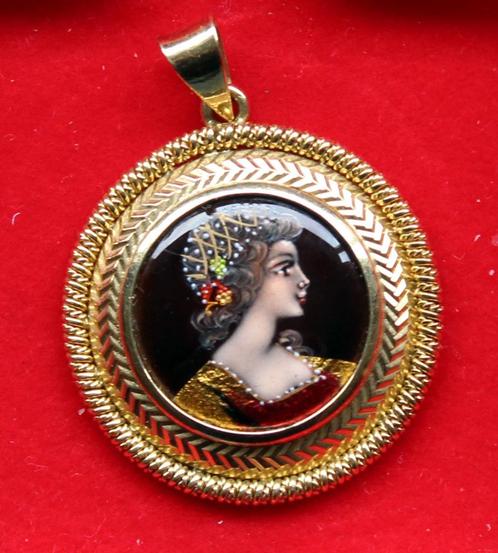 Prachtig 18 karaat gouden kettinghanger met emaille vrouwenh, Antiek en Kunst, Antiek | Zilver en Goud, Goud, Verzenden