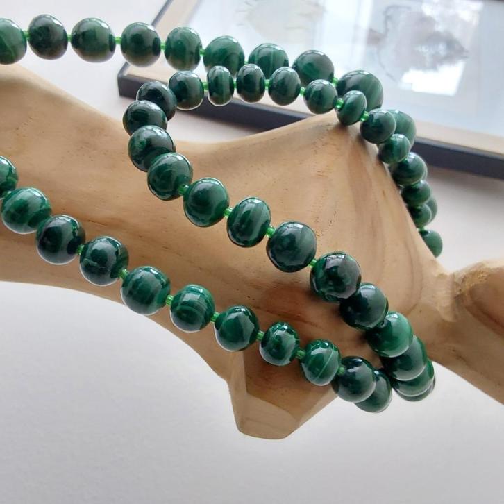 Vintage unieke malachiet kralenketting, Handtassen en Accessoires, Kettingen, Steen of Mineraal, Groen, Ophalen