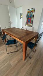 Handgemaakte massief houten tafel + 4 metalen stoelen, Ophalen, Zo goed als nieuw, Metaal