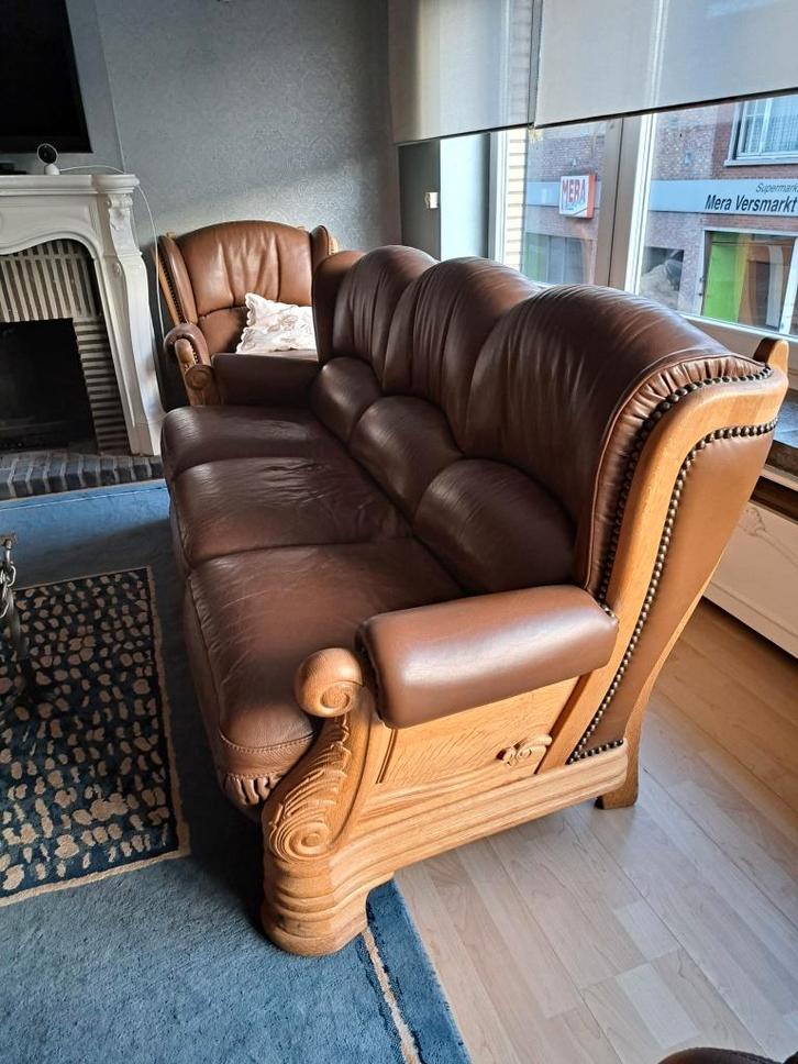 Salon leder + eik, Huis en Inrichting, Zetels | Complete zithoeken, Gebruikt, Hout, Leer, Ophalen