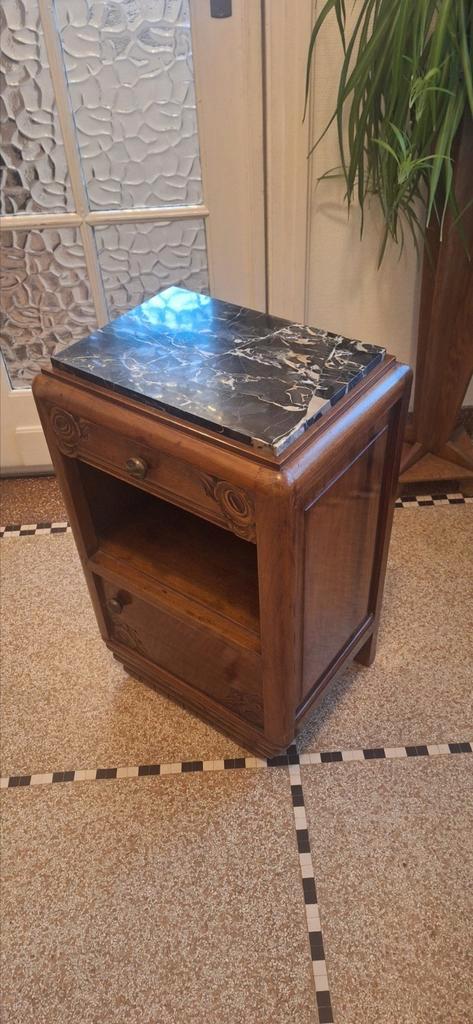 Superbe table de nuit/chevet art déco acajou/teck et marbre, Maison & Meubles, Chambre à coucher | Tables de chevet, Utilisé, Enlèvement