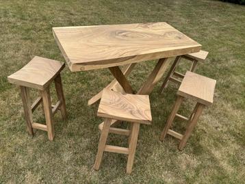 Houten bartafel met 4 krukken, Salons de jardin, Comme neuf, Enlèvement, 4 places