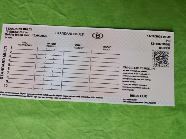 TREINTICKET STANDARD MULTI 13/4/26, Tickets en Kaartjes, Trein, Bus en Vliegtuig, Eén persoon, Algemeen kaartje, Trein