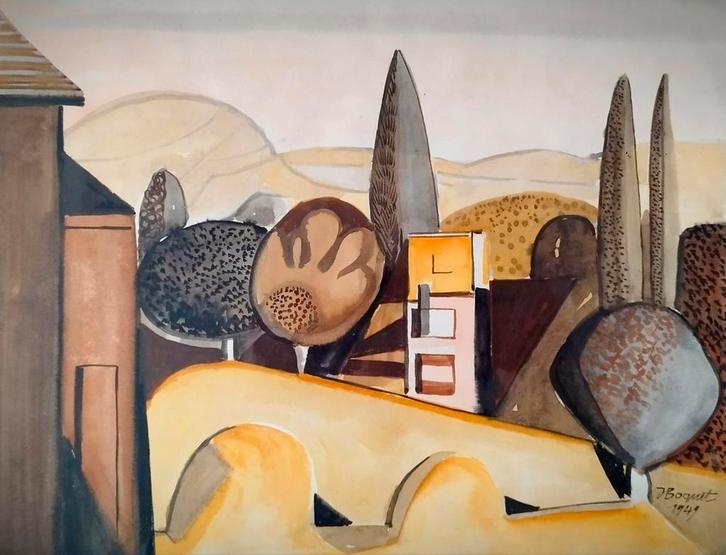 Jean Boquet, paysage stylisé 1949, Antiquités & Art, Art | Peinture | Moderne, Enlèvement
