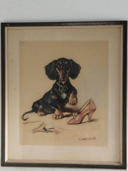 antieke tekening-schilderij hond tekkel  van A. Röseler, Antiquités & Art, Art | Peinture | Classique, Enlèvement ou Envoi