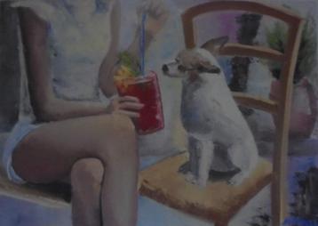 peinture à l'huile femme/chihuahua (50x70 cm)