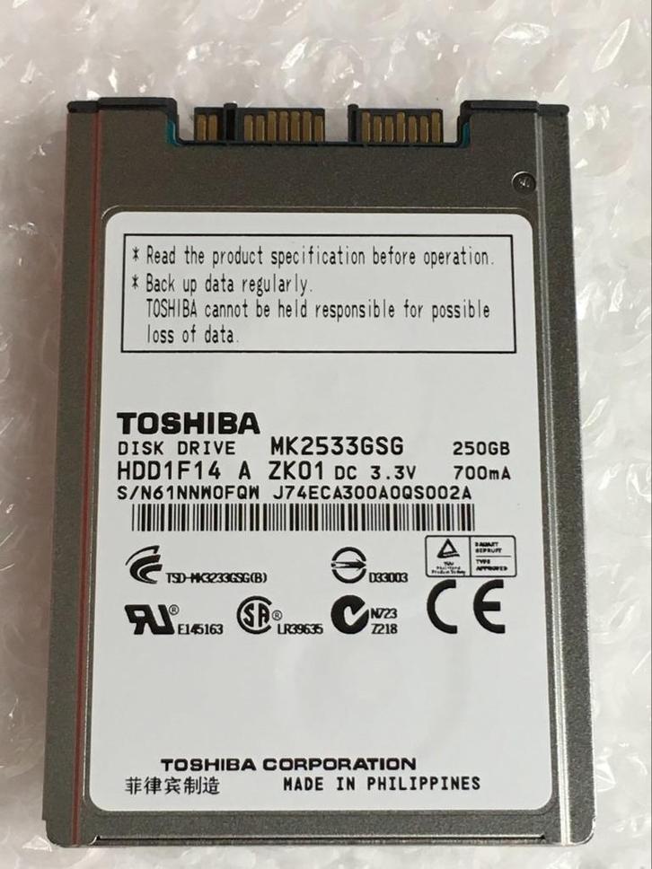 Toshiba 250 Go 1,8 pouces mk2533gsg, Informatique & Logiciels, Disques durs, Utilisé, Interne, SATA, Enlèvement