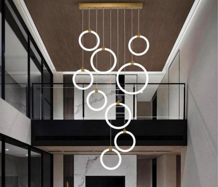 Luxe LED Moderne Trap Hanglamp Dimbaar 9-Ringen Kroonluchter, Huis en Inrichting, Lampen | Kroonluchters, Nieuw, Kunststof, Metaal