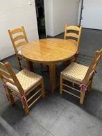 Ronde houten eettafel met 4 landelijke stoelen en glasplaat, Huis en Inrichting, Tafels | Eettafels, Ophalen, 50 tot 100 cm, Rond