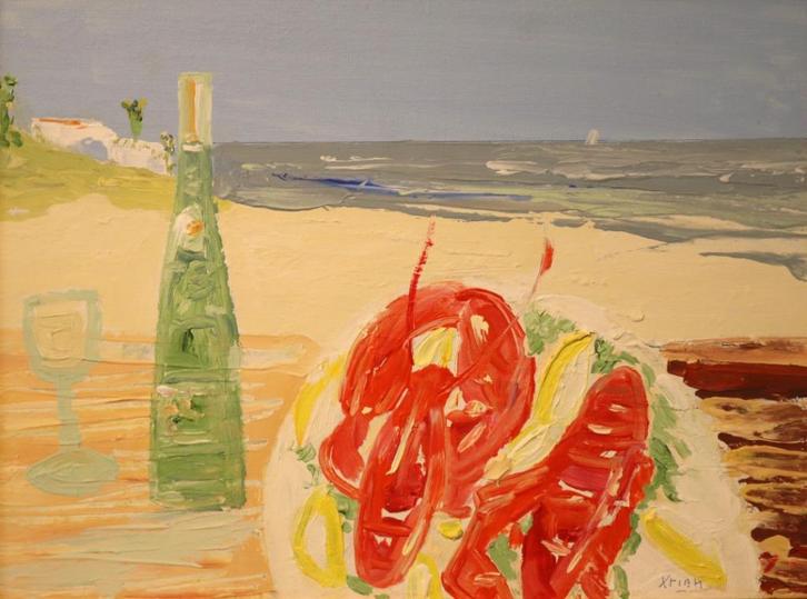 Strandzicht met kreeft en wijn, Antiek en Kunst, Kunst | Schilderijen | Klassiek, Ophalen of Verzenden