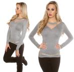 Dames sweater-trui met gaasstof insert Grijs, Maat 38/40 (M), Nieuw, Ophalen of Verzenden, Grijs